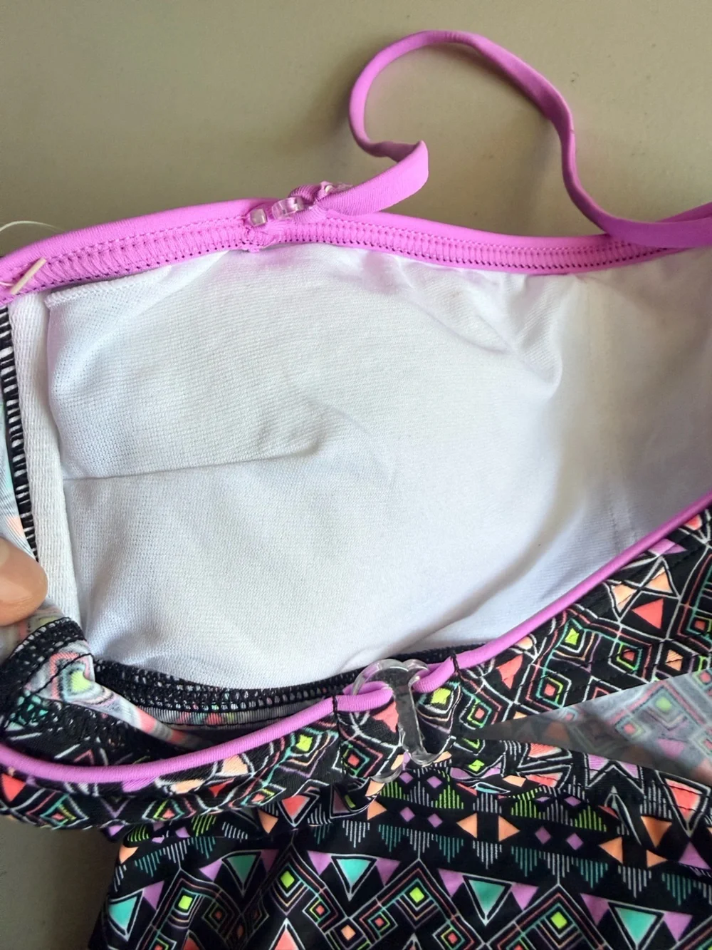 SO Girls Black Geometric Pink Accent Tankini Top. Size S